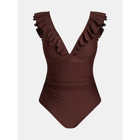Women's Brown Ruffled One Piece Swimsuit V Neck Lace Up - Picture 8 of 9